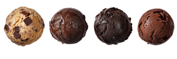 Four delicious varieties of chocolate ice cream in round scoops png