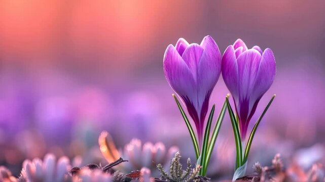 Close up of beautiful purple crocus flowers blooming in spring forest or garden. Hello spring concept. Easter, Mother's Day, Women's Day. Gardening on backyard. Natural background