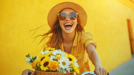 A cheerful girl shouting and riding a bicycle with a basket flowers, isolated on a vivid yellow background.