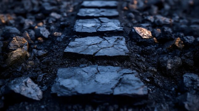A close up of a rocky path with a dark blue color