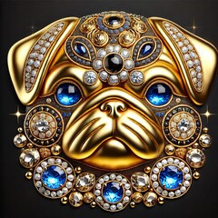 imagJewelry Glowing Gold Pug Dog Head Treasure. Amazing Lace Carnival Mask Decoration for Greeting Card Invitation. Rich Luxury Glowing Shiny Diamond Brilliant Animal Stone Brooch Portrait
