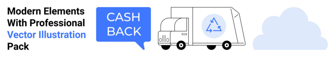 Delivery truck with recycling icon, cashback bubble, blue cloud. Ideal for logistics, eco-friendly, cashback offers, discounts, delivery services, sustainability flat landing page banner