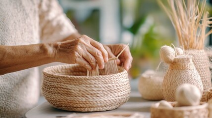 Slow living concept: woman crafting with natural materials in cozy home environment