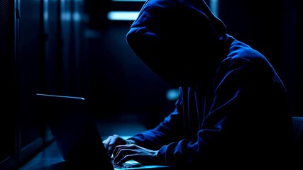 Mysterious hooded figure typing on computer in dark room. Cybercrime, hacking, or digital security threat concept. Blue neon lighting with dramatic shadows with copy space
