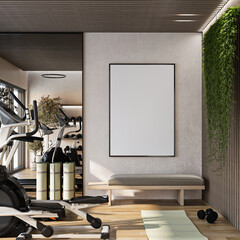 Frame mockup, ISO A paper size. Living room wall poster mockup. Interior mockup with house background. Modern interior design. 3D render
