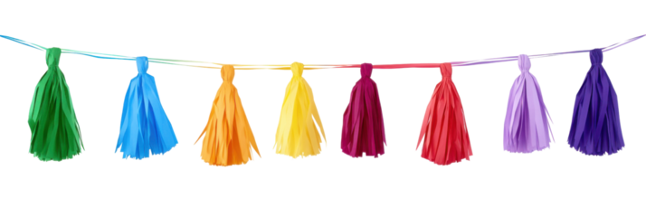 Colorful tassel garland with seven vibrant colors in rainbow sequence for festive decoration png