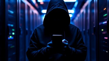 Mysterious Hooded Hacker in Dark Room. Cybersecurity Threat Concept for Technology Crime Prevention Banner with Copy Space - Powered by Adobe