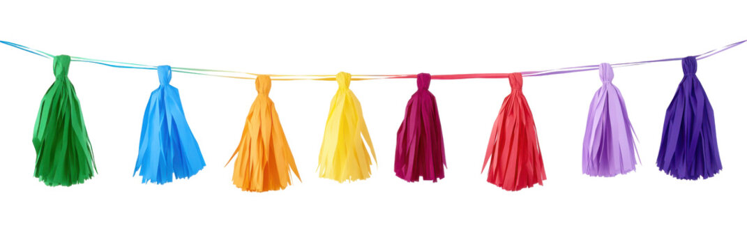 Colorful tassel garland with seven vibrant colors in rainbow sequence for festive decoration png
