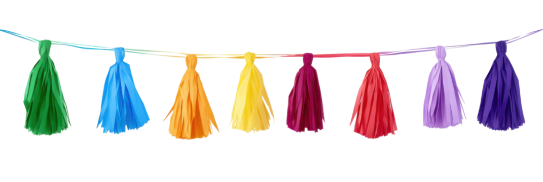 Colorful tassel garland with seven vibrant colors in rainbow sequence for festive decoration png