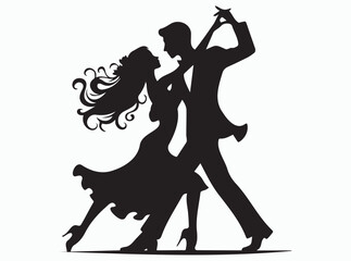 Romantic Dance Couple Silhouette Elegant Ballroom Waltz Vector Illustration with Floral and Butterfly Design