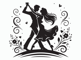 Couple Dancing with Floral Decorate Silhouette Vector Art