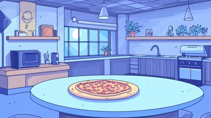 A blue and white kitchen with a pizza on the table.