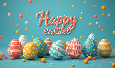 Decorated easter eggs celebrating easter with falling confetti on a turquoise background