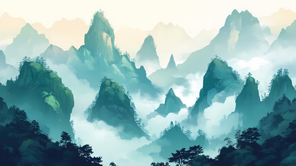 In tianmen shan national park, misty mountain vistas enchant with tranquil beauty, featuring rolling hills cloaked in. Lush Wilderness. Illustration