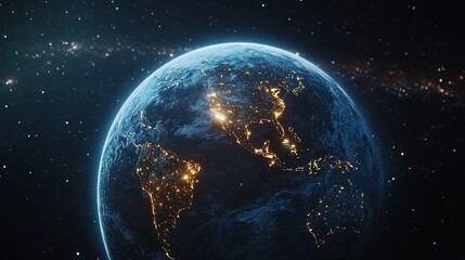 Stunning view of Earth from space showcasing illuminated cities at night with stars