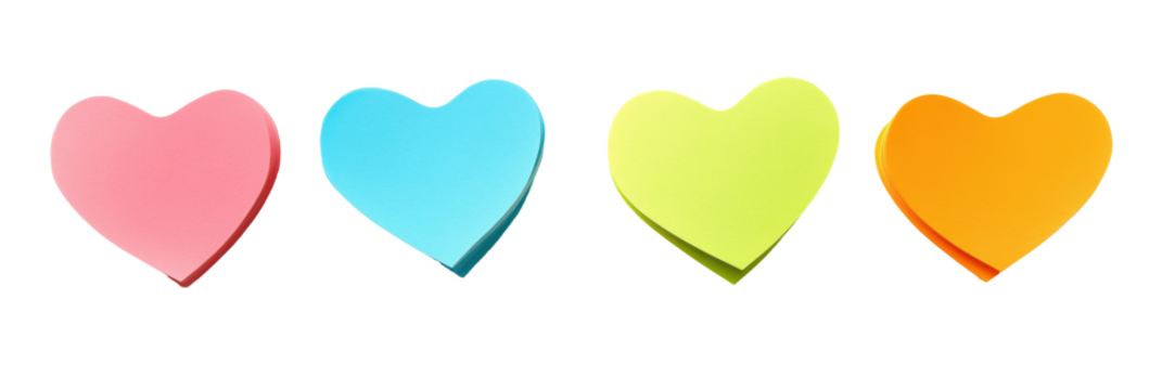 Colorful heart-shaped sticky notes in pink, blue, green, and orange png