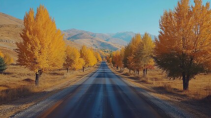 Obraz premium Autumn scene with a road surrounded by yellow trees in the mountains, a car driving along the asphalt. --