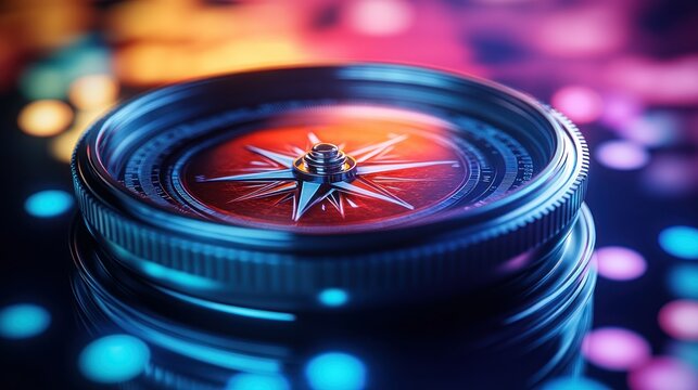 Close-up compass, vibrant colorful background, direction, future