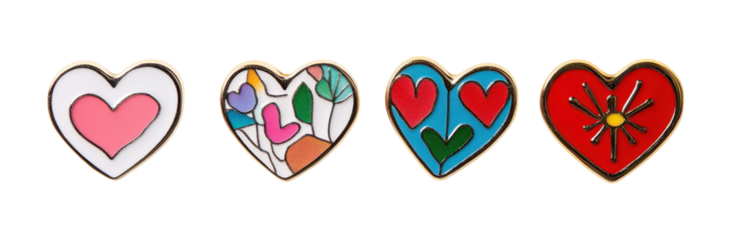 Colorful heart-shaped enamel pins with unique artistic designs png - Powered by Adobe