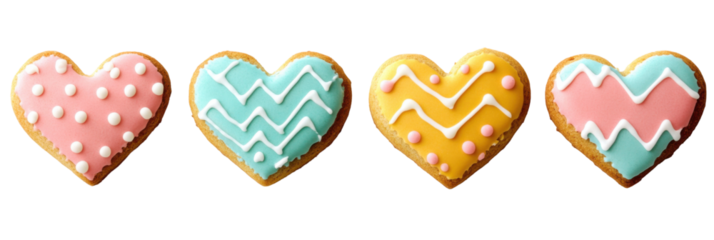 Colorful heart-shaped cookies with decorative icing in pastel colors png
