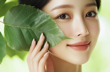 Elegant close-up of a radiant woman holding a fresh green leaf, symbolizing natural beauty, eco-friendly skincare, and harmonious living