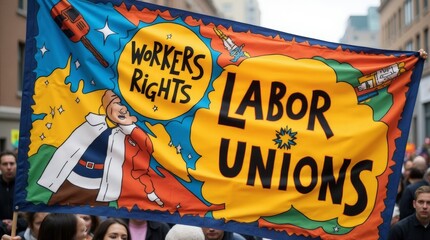 A vibrant labor union banner displaying bold graphics and text, symbolizing solidarity and workers' rights