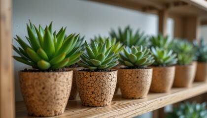 cork planters with green succulents arranged on a wooden shelf