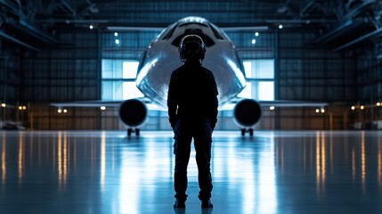 Silhouette of aerospace engineer standing in front of an airplane on a clear day