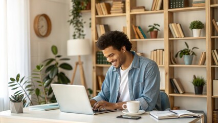 Happy man working on a laptop in a cozy home office with plants and books, remote work lifestyle
