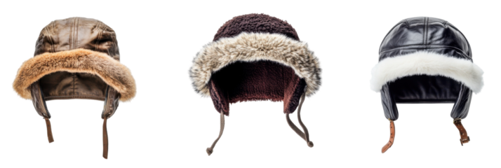 Collection of three vintage aviator hats with fur trim in brown, black, and dark maroon png