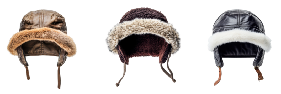 Collection of three vintage aviator hats with fur trim in brown, black, and dark maroon png