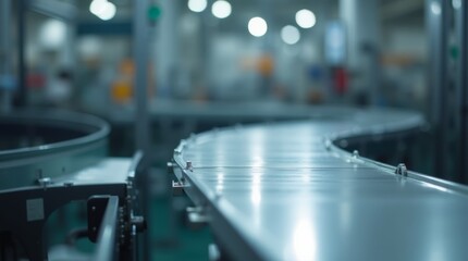 A close-up of a conveyor belt on an assembly line in a modern factory, featuring mechanical components and a clean metallic surface under bright industrial lighting.