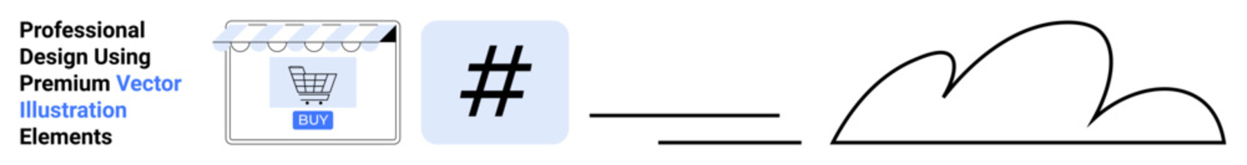 Obraz premium Shopping cart under storefront awning, metadata tag symbol, and cloud icon emphasizing digital business, online marketing, teamwork, innovation, connectivity, branding, flat landing page banner