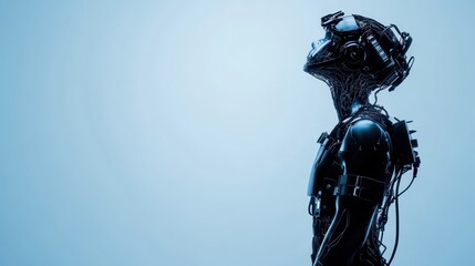 Robot and engineer silhouette testing exoskeleton against blue background in a laboratory setting