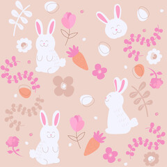 Cute hand drawn seamless pattern with easter bunny and eggs. Cartoon elements set with bunny and flowers on beige background. Sweet repeat hand drawn fabric textile, print design for kids.