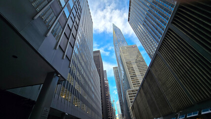 Obraz premium Modern look of a big metropolitan city with illuminated skyscrapers and classic architecture under a clear blue sky. Urban hustle and warm lighting create a vibrant and captivating cityscape