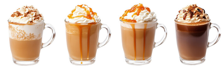 Assortment of delicious caramel and whipped cream topped coffee beverages in glass mugs png