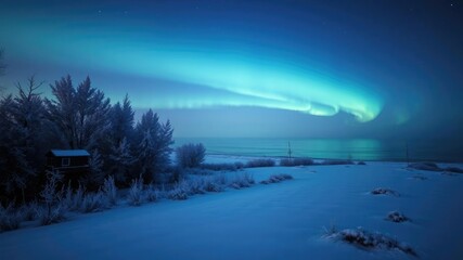 Frosty morning landscape with Northern Lights reflecting off the Baltic Sea in Jantar, northern lights, frozen lake