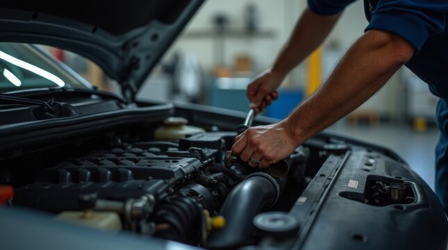 A close-up of a mechanic’s hands using tools to fix a car engine in a well-lit industrial workshop, with greasy tools and parts visible.