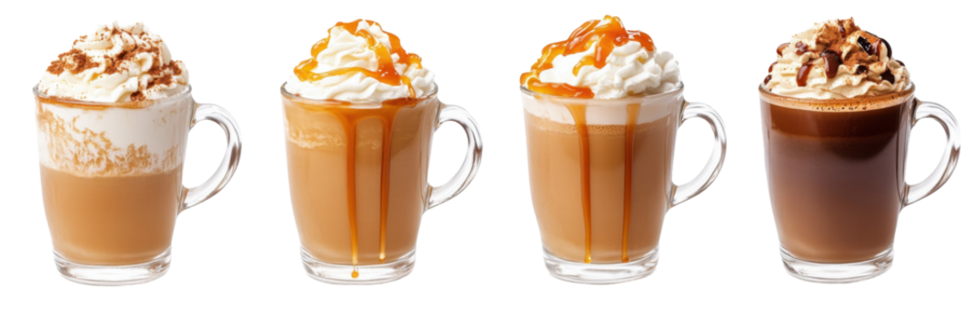 Assortment of delicious caramel and whipped cream topped coffee beverages in glass mugs png