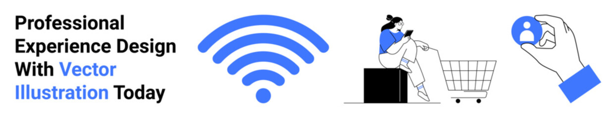 wireless symbol, woman browsing on phone near a shopping cart, hand interacting with profile icon. Ideal for digital connectivity, e-commerce, network experience, user design, online shopping, app