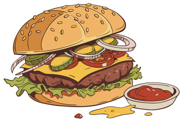 Photorealistic cheeseburger, sesame seed bun, juicy beef patty, melted cheese, fresh lettuce, ripe tomatoes, pickles, onions, ketchup, mustard, high-resolution, studio lighting, food photography, mout
