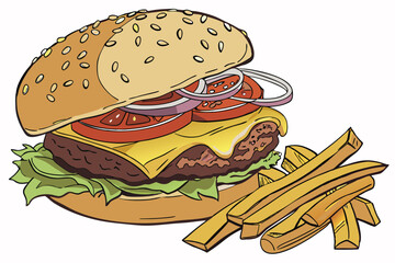 Photorealistic cheeseburger, sesame seed bun, juicy beef patty, melted cheese, fresh lettuce, ripe tomatoes, pickles, onions, ketchup, mustard, high-resolution, studio lighting, food photography, mout