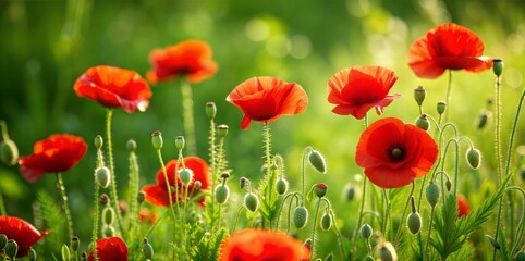 Fototapeta premium Vibrant poppy flowers blooming in a sunny field, colorful nature scene, floral beauty concept