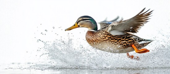 Obraz premium A vibrant mallard duck splashes through water while taking off, surrounded by a misty backdrop