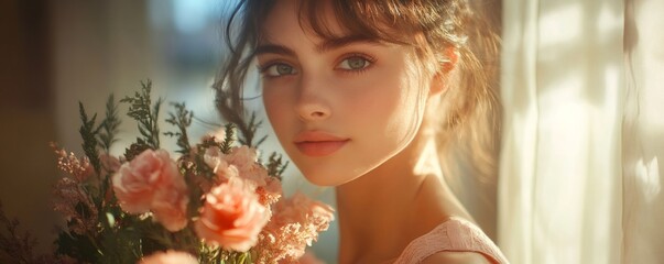 Naklejka premium Beautiful girl holding bouquet of flowers posing by window with natural light