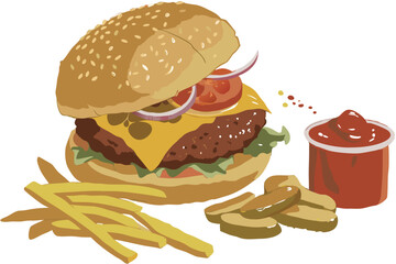 Photorealistic cheeseburger, sesame seed bun, juicy beef patty, melted cheese, fresh lettuce, ripe tomatoes, pickles, onions, ketchup, mustard, high-resolution, studio lighting, food photography, mout