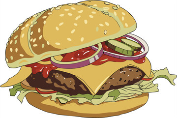 Photorealistic cheeseburger, sesame seed bun, juicy beef patty, melted cheese, fresh lettuce, ripe tomatoes, pickles, onions, ketchup, mustard, high-resolution, studio lighting, food photography, mout