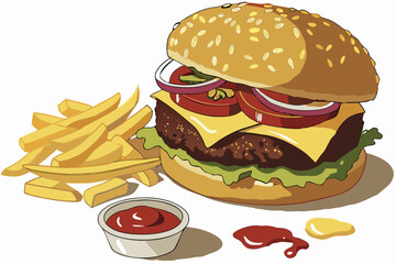 Photorealistic cheeseburger, sesame seed bun, juicy beef patty, melted cheese, fresh lettuce, ripe tomatoes, pickles, onions, ketchup, mustard, high-resolution, studio lighting, food photography, mout