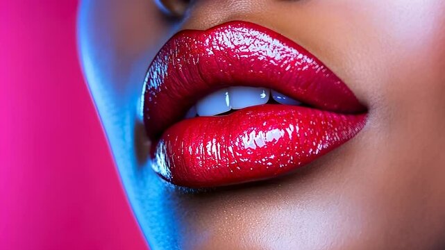 Glossy close-up woman lips emphasizing glamour makeup on dark skin, revealing radiant beauty and cosmetic elegance fashion video 4k